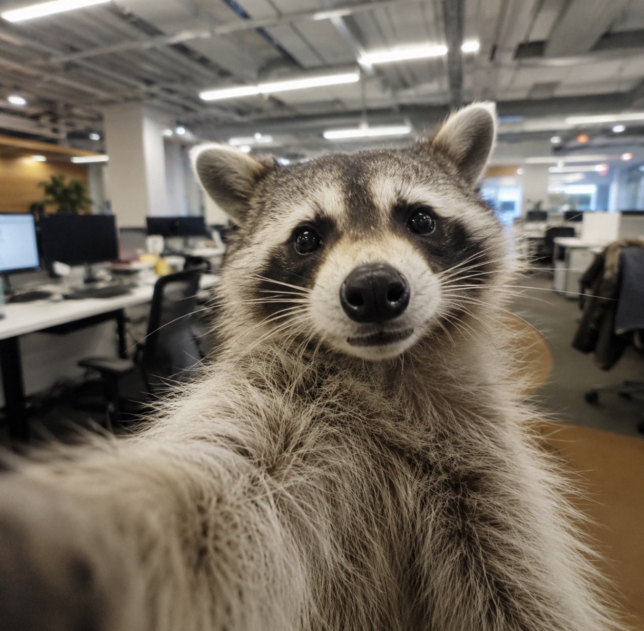 Rocket the raccoon taking a selfie inside the Robinhood office